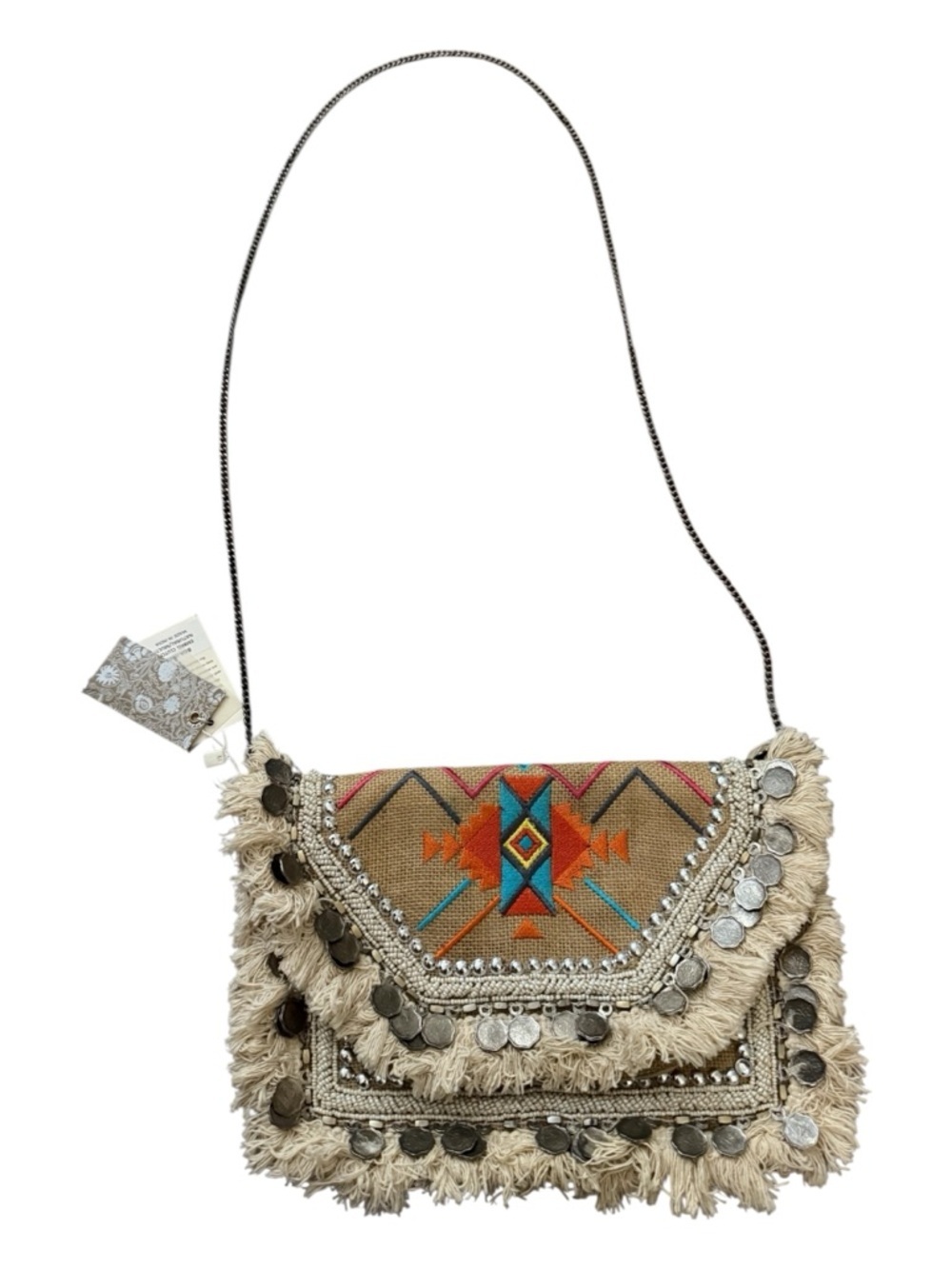 Antik Kraft Beige Jute Embroidered Fringe Crossbody Bag Boho Western Festival - Picture 2 of 7